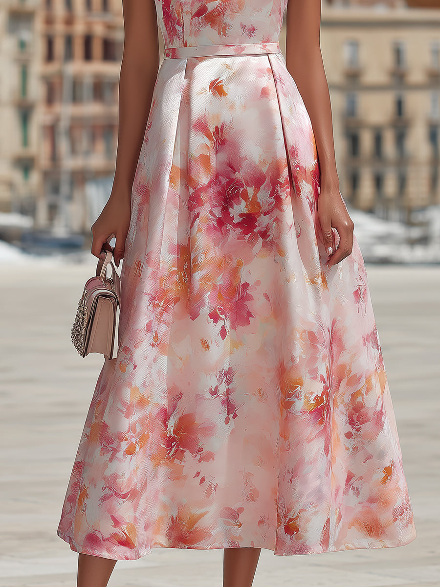 Women's watercolor floral halter midi dress, showcasing a unique print & flattering flowy fit. Elegant UK fashion.