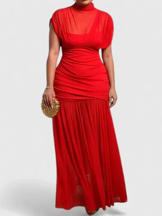 Elegant women's high-neck maxi dress in a luxurious fabric, featuring graceful draping & a chic design. Ideal for evening wear.