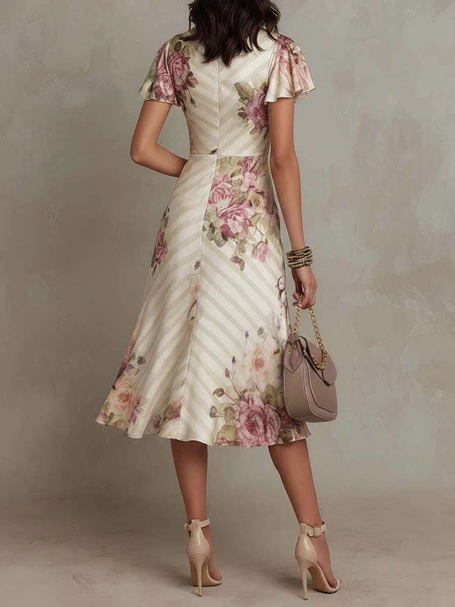 Ivory floral midi dress for women, elegant vintage style, ideal for spring occasions & summer parties.