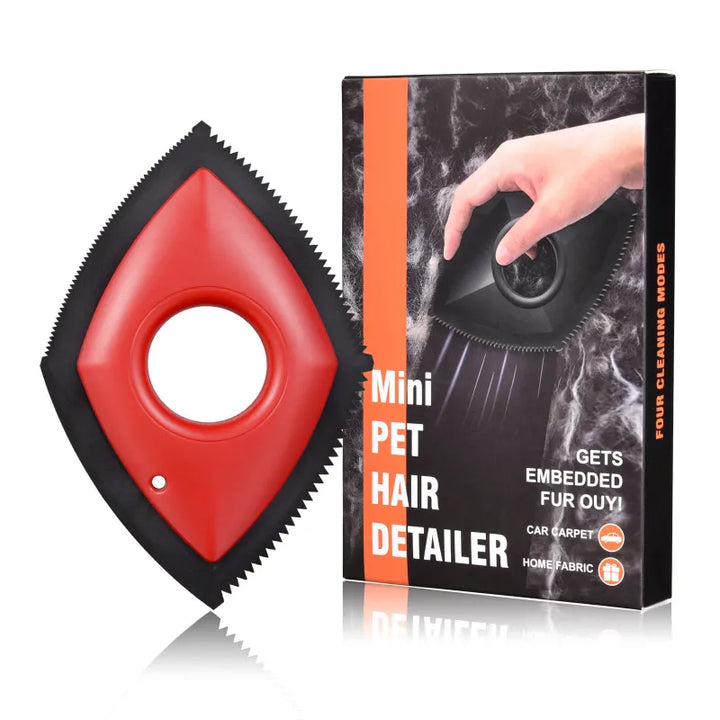 Ergonomic fur remover tool effortlessly lifts pet hair from an upholstered sofa, ideal for furniture cleaning.
