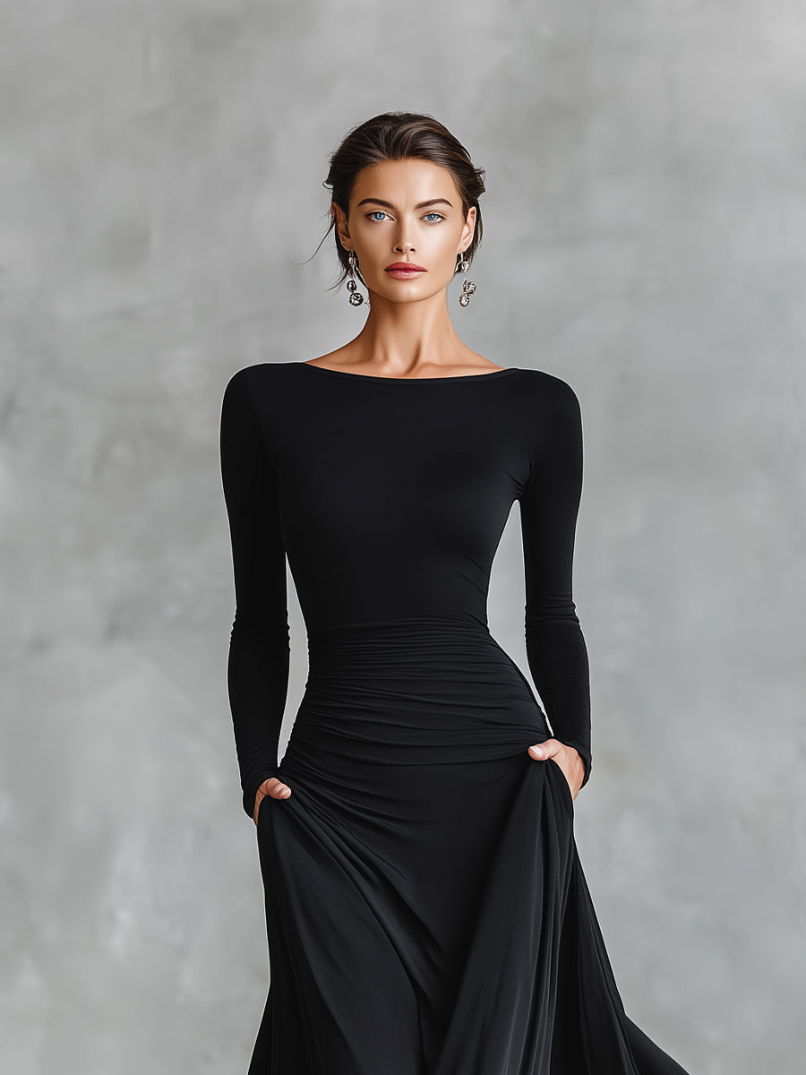 Classic black maxi dress for women with a flattering boat neck and elegant ruched details, perfect for formal evenings.