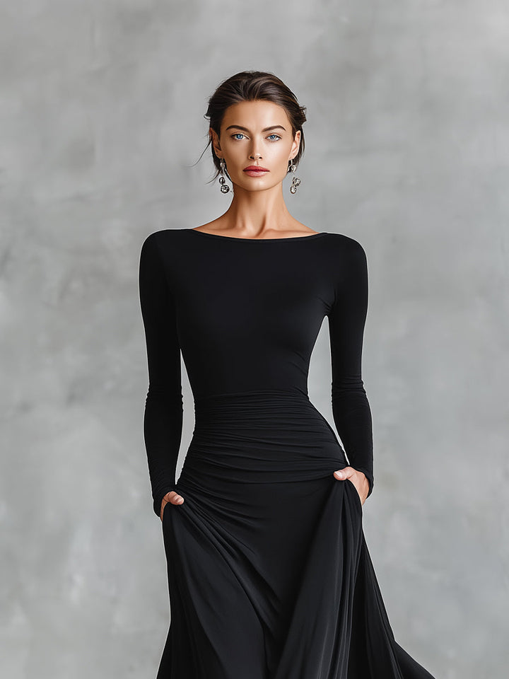 Classic black maxi dress for women with a flattering boat neck and elegant ruched details, perfect for formal evenings.
