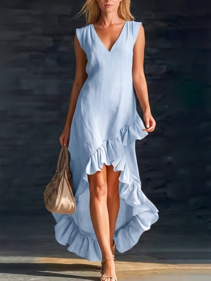 Boho summer dress for women with a flattering V-neck, ruffles, and a chic high-low design for beach wear.