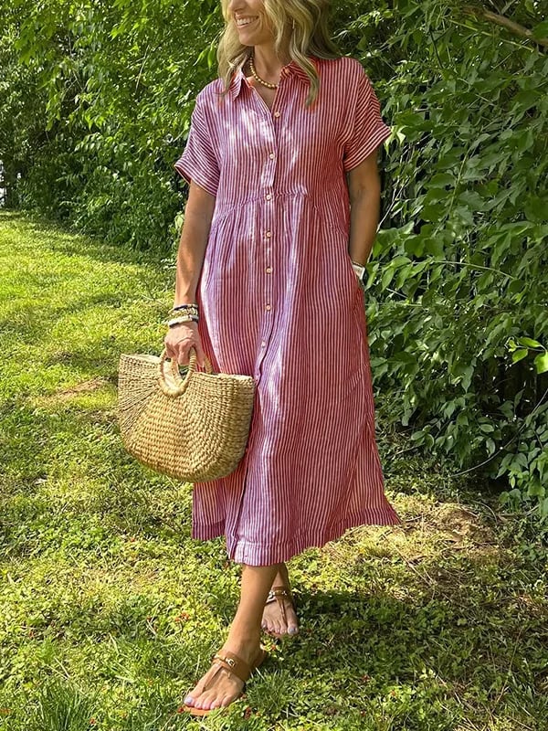 Summer women's elegant striped maxi shirt dress; lightweight long button-down design for ladies' fashion.