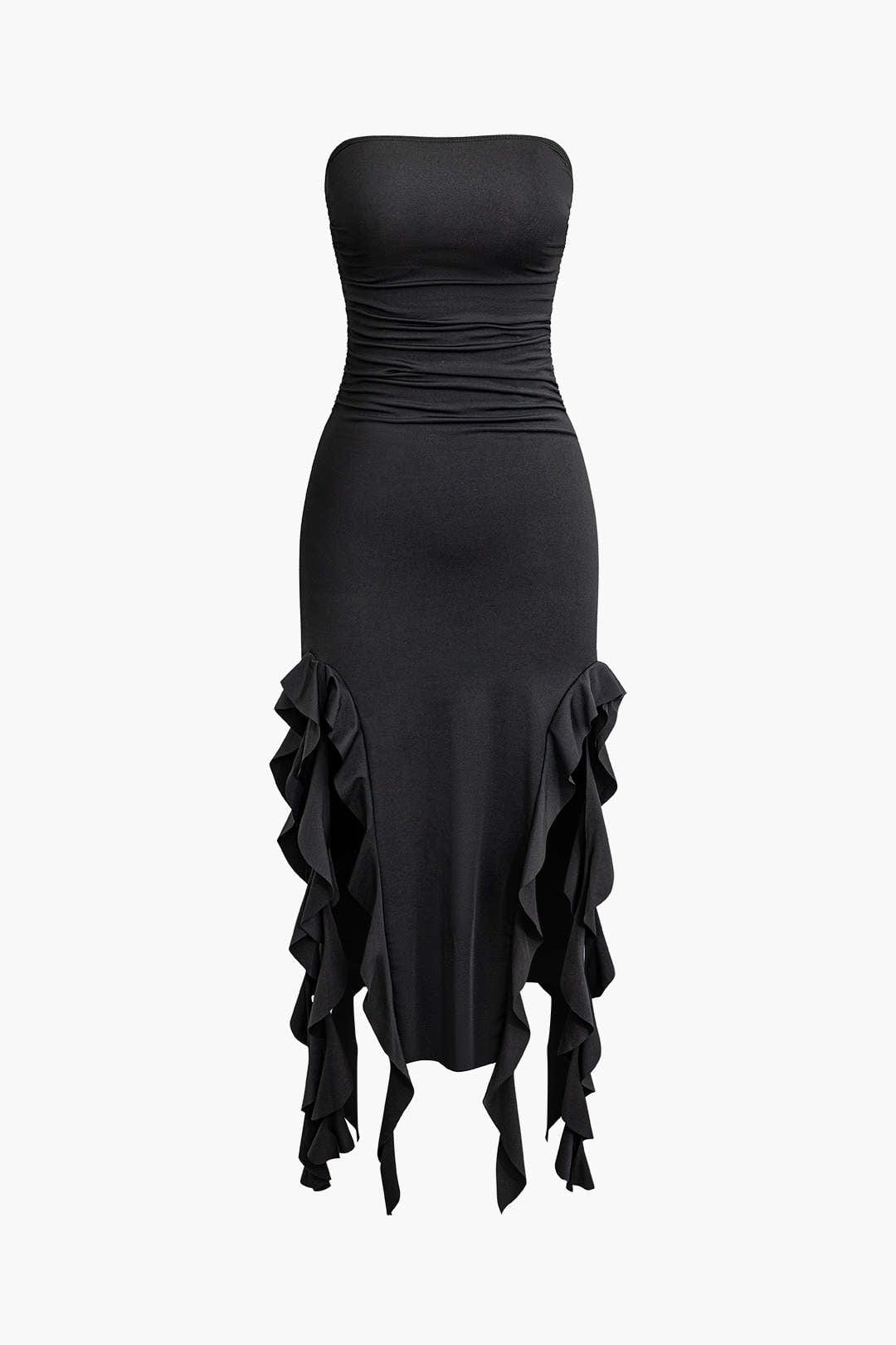 Statement-making women's strapless bodycon dress, midi length with dramatic fringe.