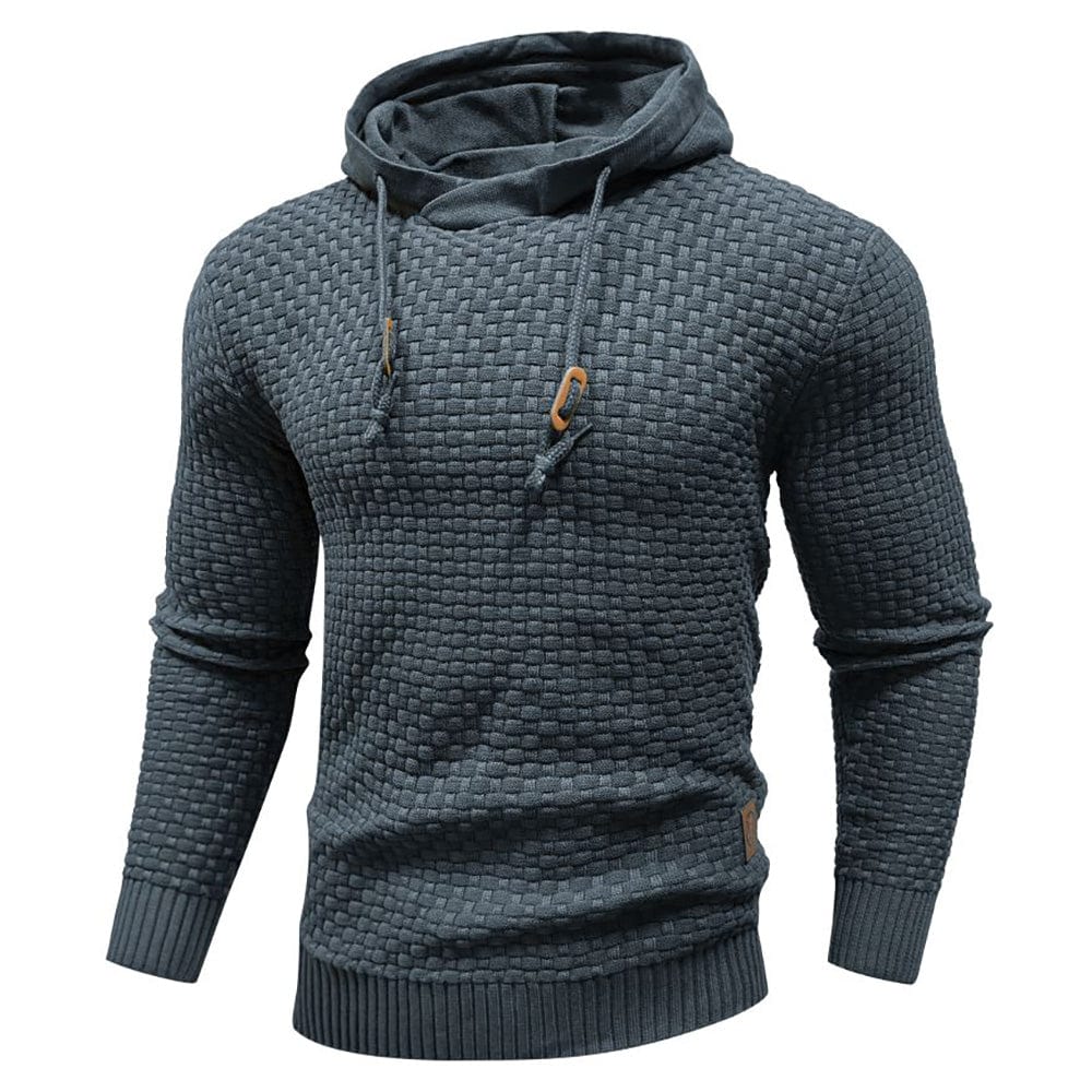 Close-up of the robust men's waffle knit hoodie fabric, highlighting its texture & quality.