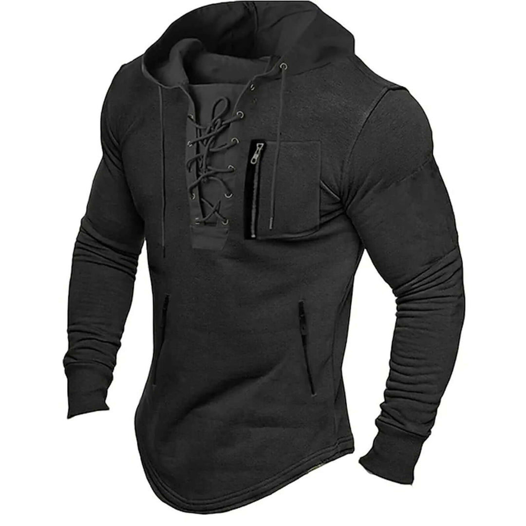 Men's Vintage Lace-Up Hoodie - Casual Comfort and Style