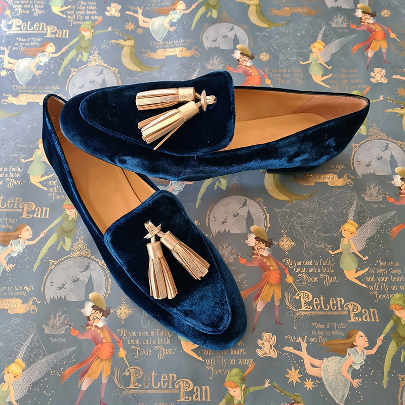 Women's retro blue slip-on loafers with stylish fringe detail for comfortable everyday wear & casual chic fashion.
