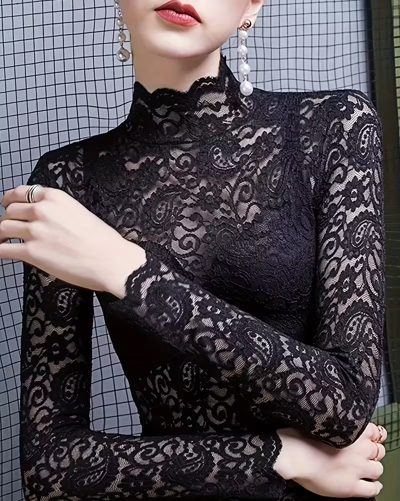 Classic women's solid color lace blouse, long sleeve, sophisticated stand collar.