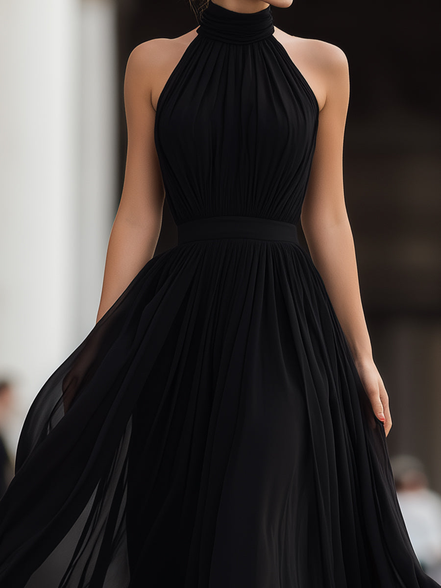 Romantic women's halter neck pleated evening gown, a sophisticated choice for formal events.