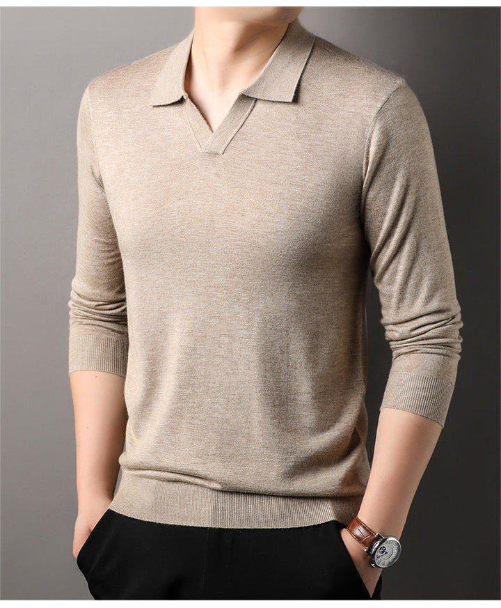 Men's beige V-neck long sleeve polo shirt. Stylish & comfortable casual wear for men's everyday fashion.