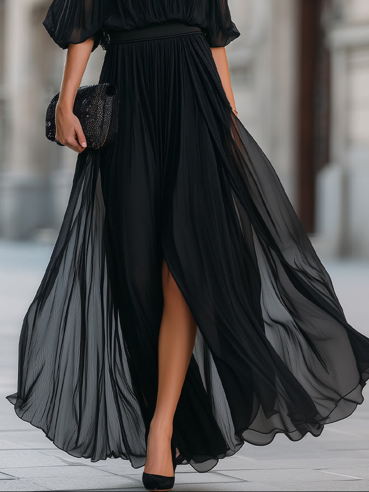 Gorgeous black off-shoulder pleated maxi dress, a versatile and elegant piece for any occasion wear.