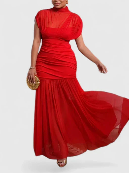 Elegant high-neck maxi dress for women, perfect for evening wear & parties. Features a draped design & side zip.