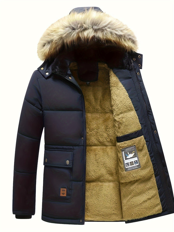 Men's insulated puffer jacket with a cozy faux fur hood, ideal for snowy days.