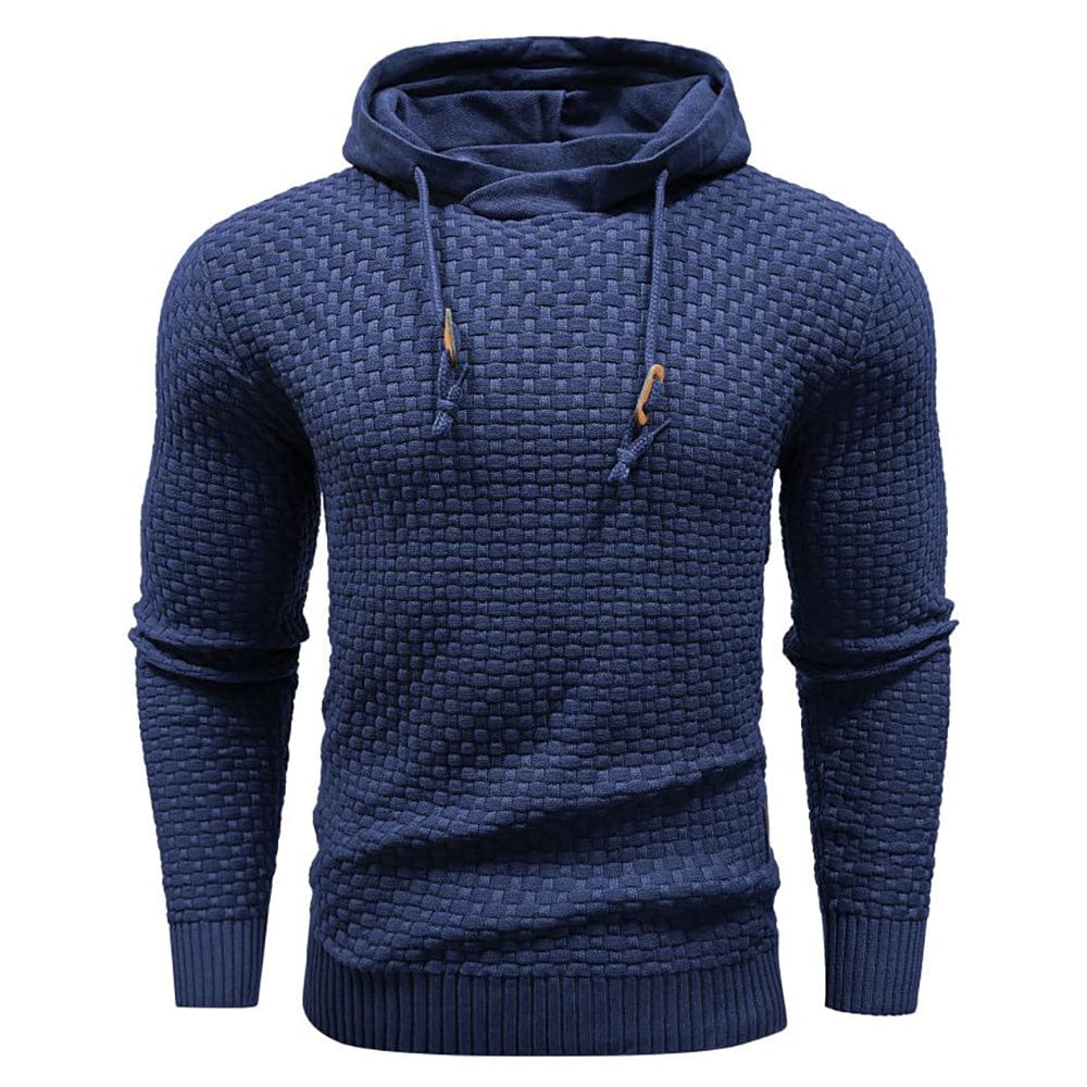 Detail of the cozy hood on the men's waffle hoodie, providing extra warmth & comfort.