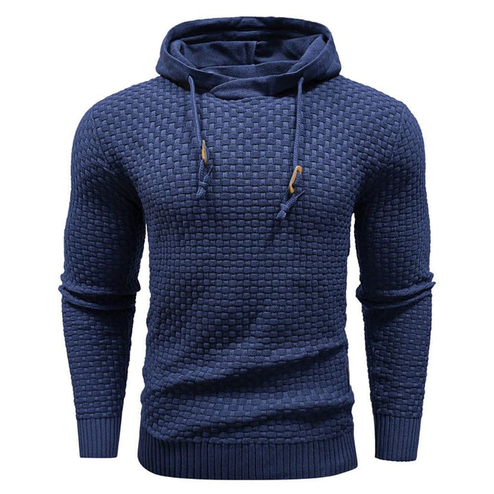 Detail of the cozy hood on the men's waffle hoodie, providing extra warmth & comfort.