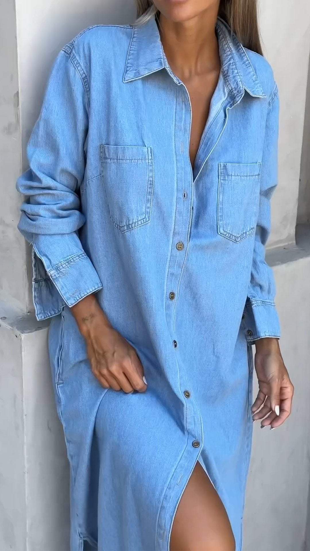 Comfortable long sleeve shirt dress for women. Chic lapel design, relaxed fit for casual or workwear.