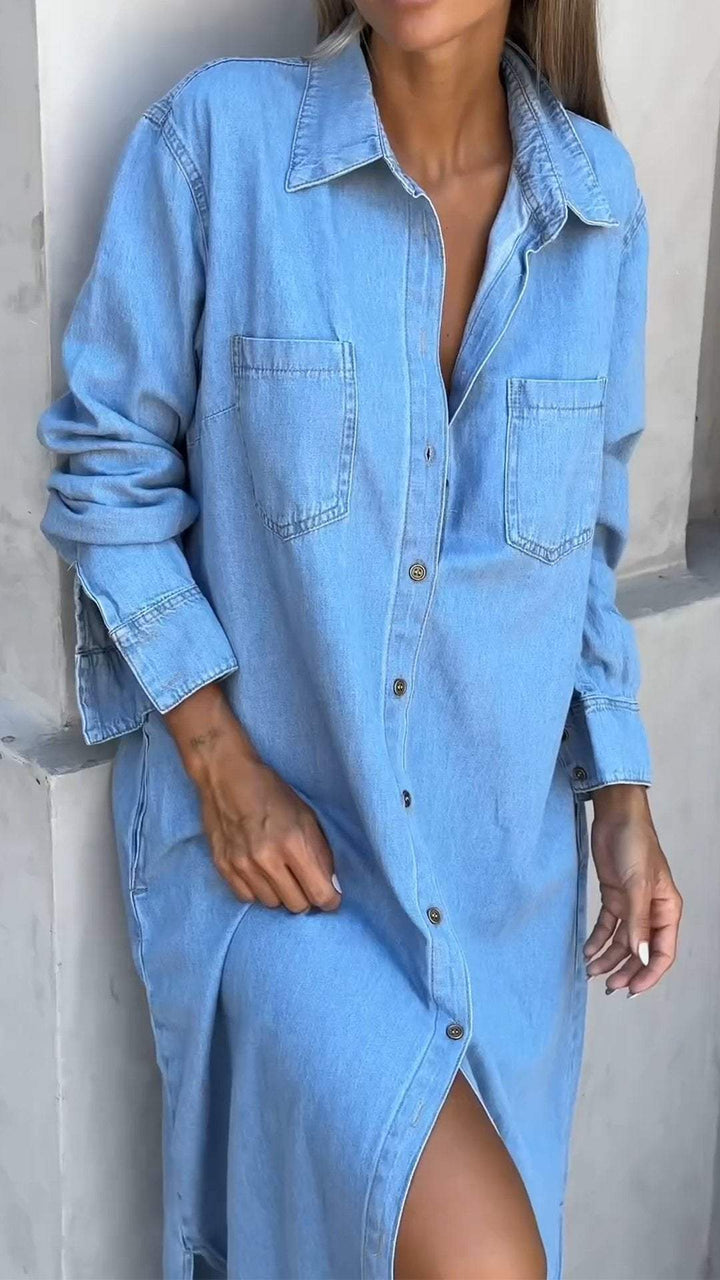 Comfortable long sleeve shirt dress for women. Chic lapel design, relaxed fit for casual or workwear.
