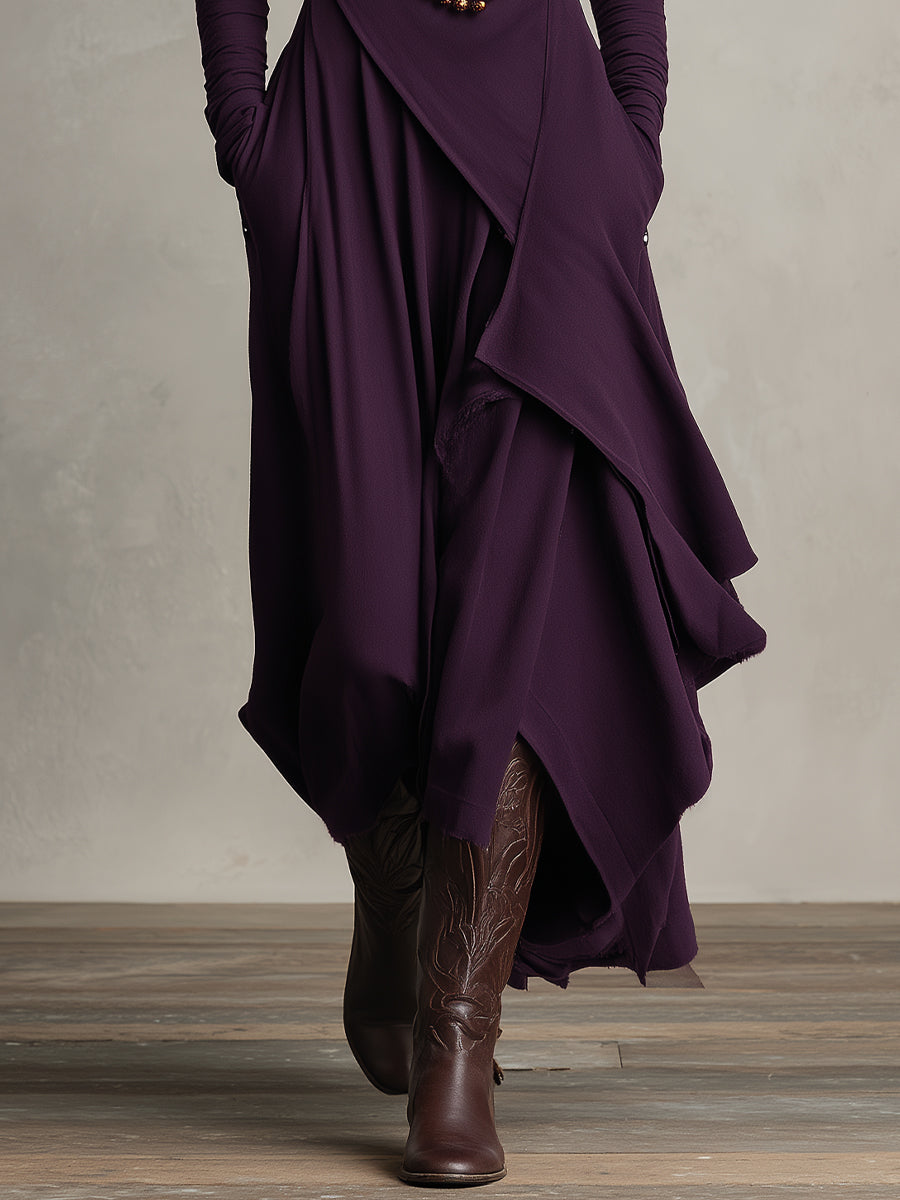 Stylish grey women's draped turtleneck dress with pockets, a comfortable and elegant choice for any occasion.