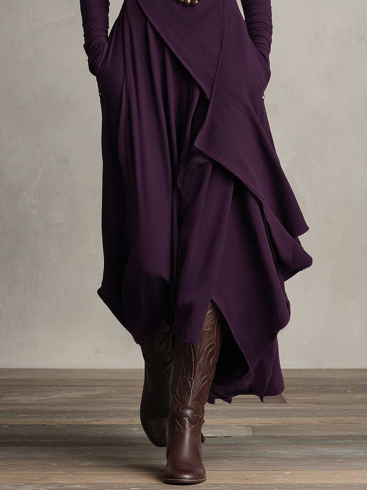 Stylish grey women's draped turtleneck dress with pockets, a comfortable and elegant choice for any occasion.