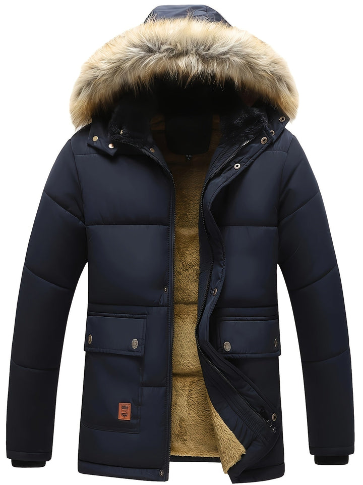 Men's hooded quilted puffer jacket for winter warmth and comfort.