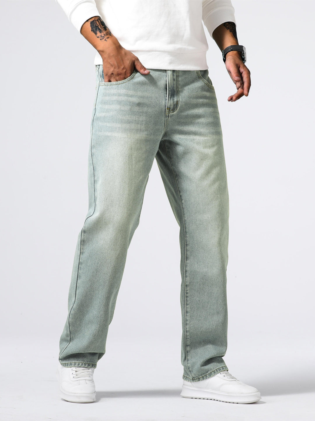 Casual men's straight leg jeans. Washed denim with a classic, comfortable fit for all-day wear.