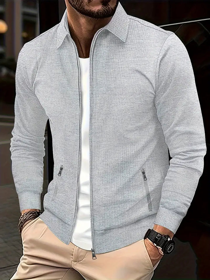 Stylish men's long sleeve zip-up top, an essential for comfortable everyday wear and smart casual fashion.