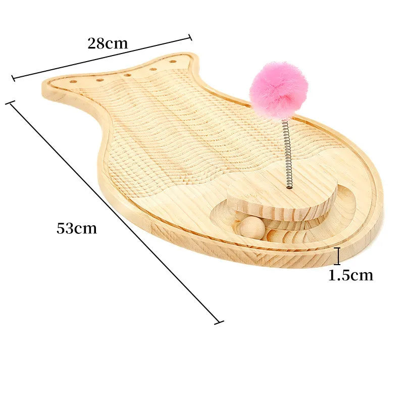 Durable wooden cat scratcher with engaging feather & rolling ball, perfect interactive cat toy for exercise.