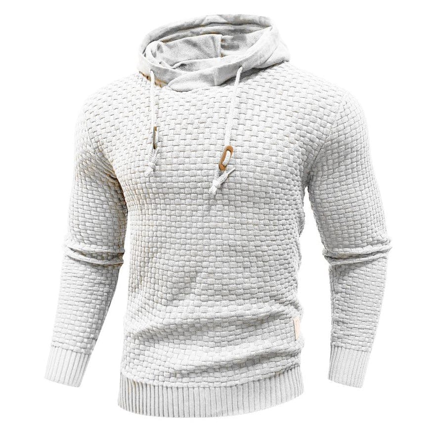 Active man in a durable waffle knit hoodie, suitable for outdoor activities & cozy comfort.