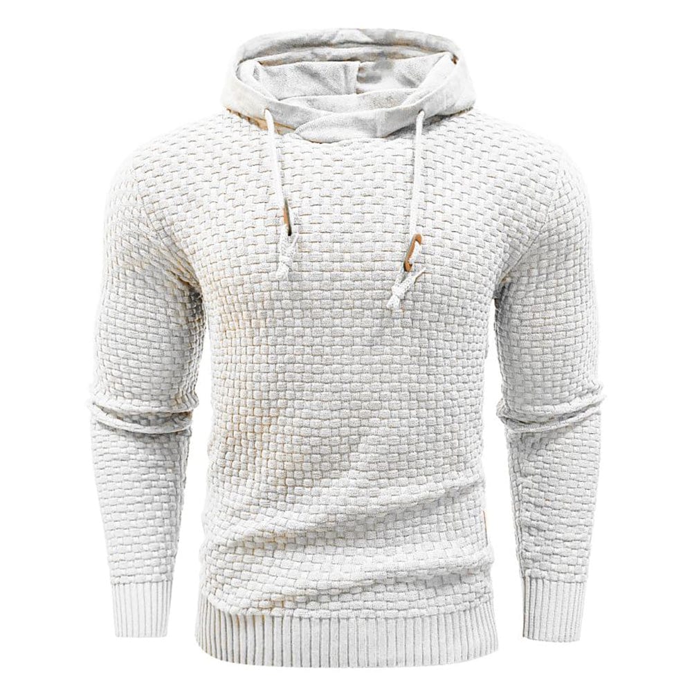 Men's waffle hoodie on a hanger, showcasing its quality fabric & ready-to-wear comfort.