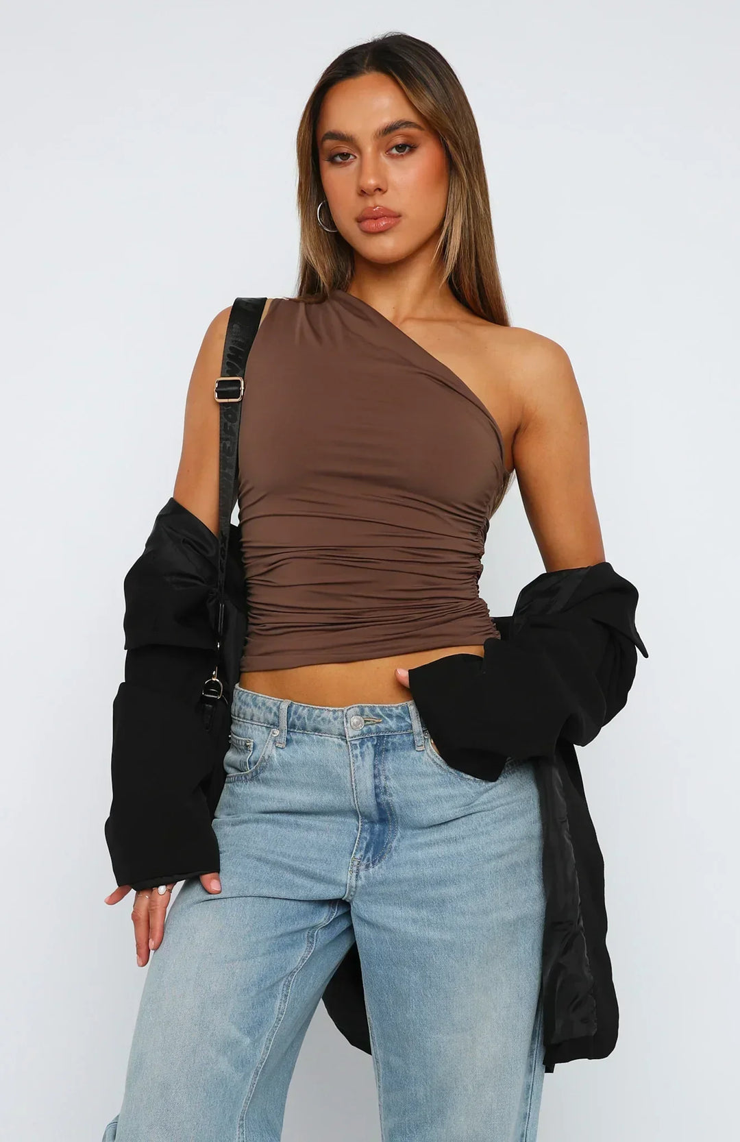 Burgundy one-shoulder ruched crop top for women, a stylish and comfortable party top.