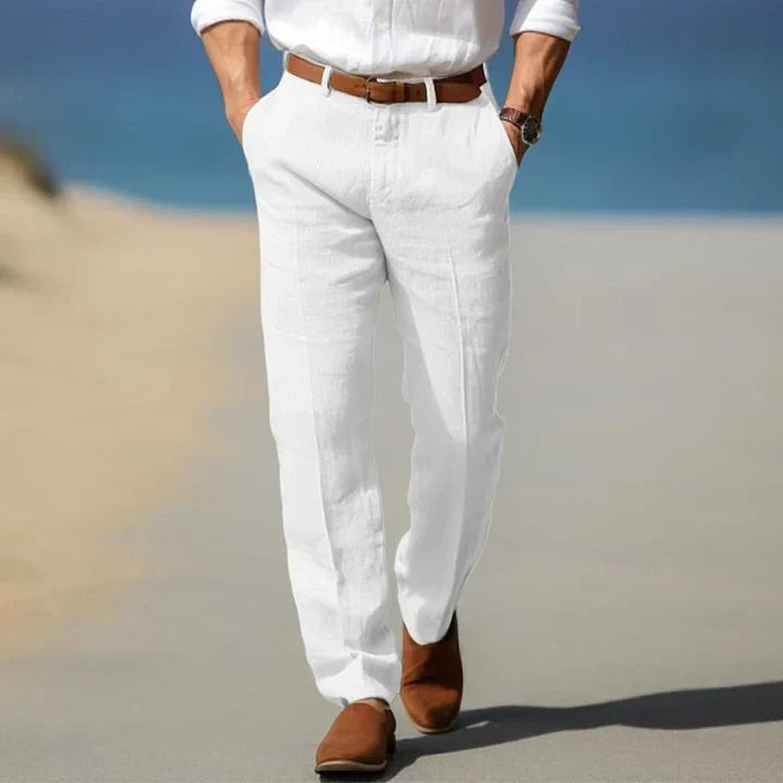 Stylish men's slim casual trousers made from comfortable polyester, perfect for summer fashion.