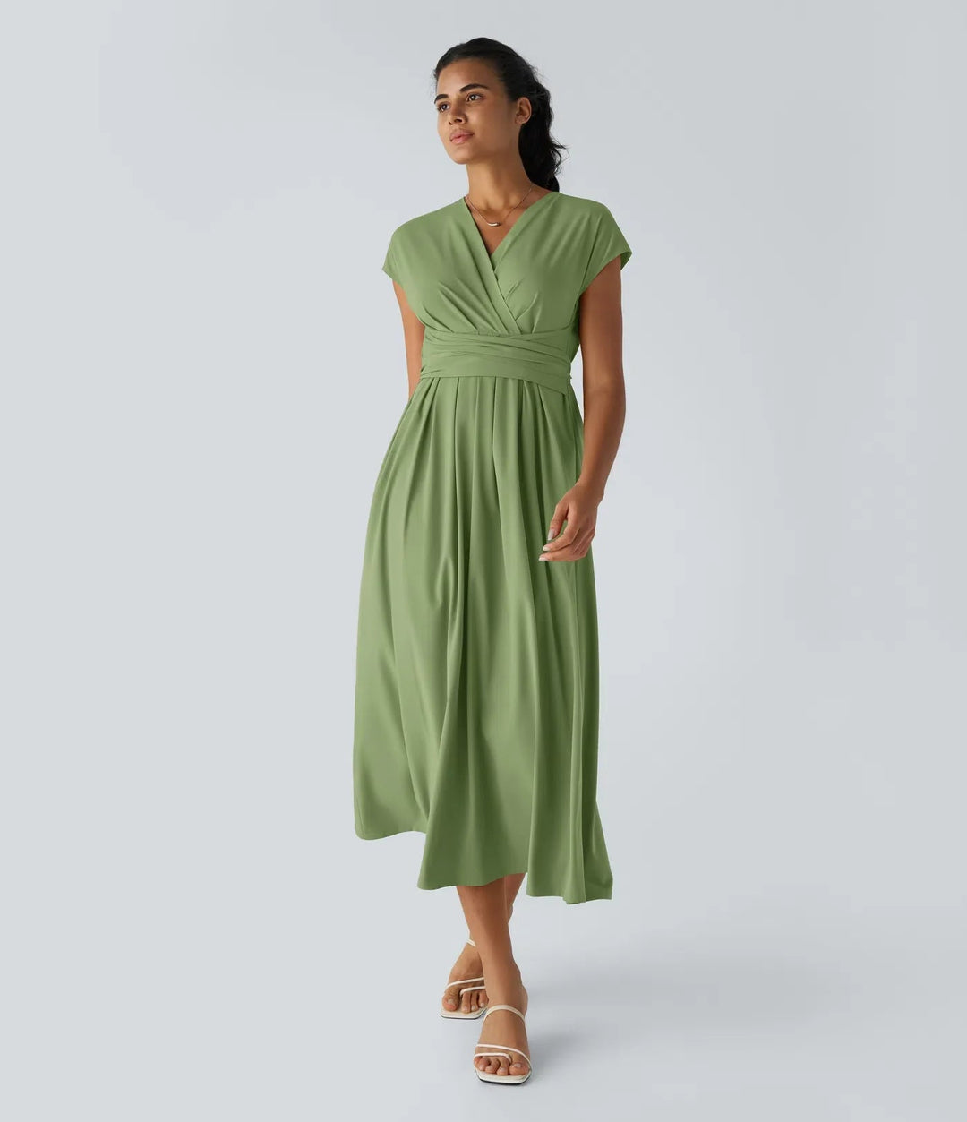 Versatile all-season women's midi dress. Elegant V-neck wrap style with short sleeves and high waist. [[lstfy-media:4]]