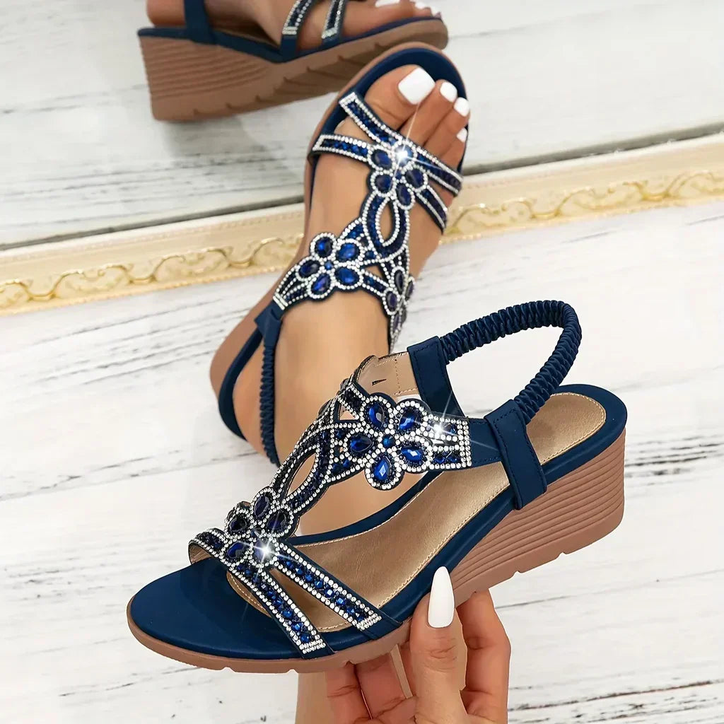Women's beaded wedge sandals with arch support for all-day comfort.