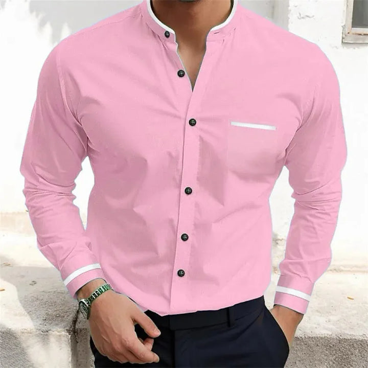 Comfortable long-sleeve men's Grandad collar shirt. Features a trendy contrast trim chest pocket.
