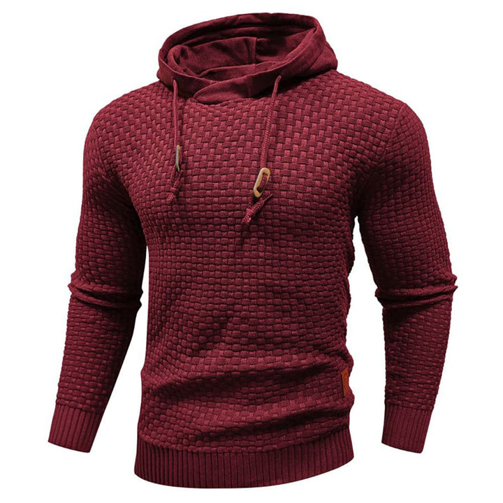 Classic black men's waffle hoodie, a warm & durable choice for any casual outfit or winter essential.