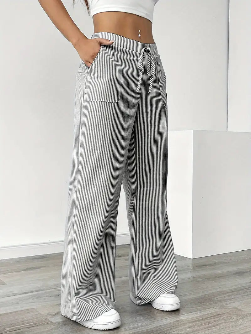 Women's comfortable wide leg pants, classic stripes, adjustable drawstring.