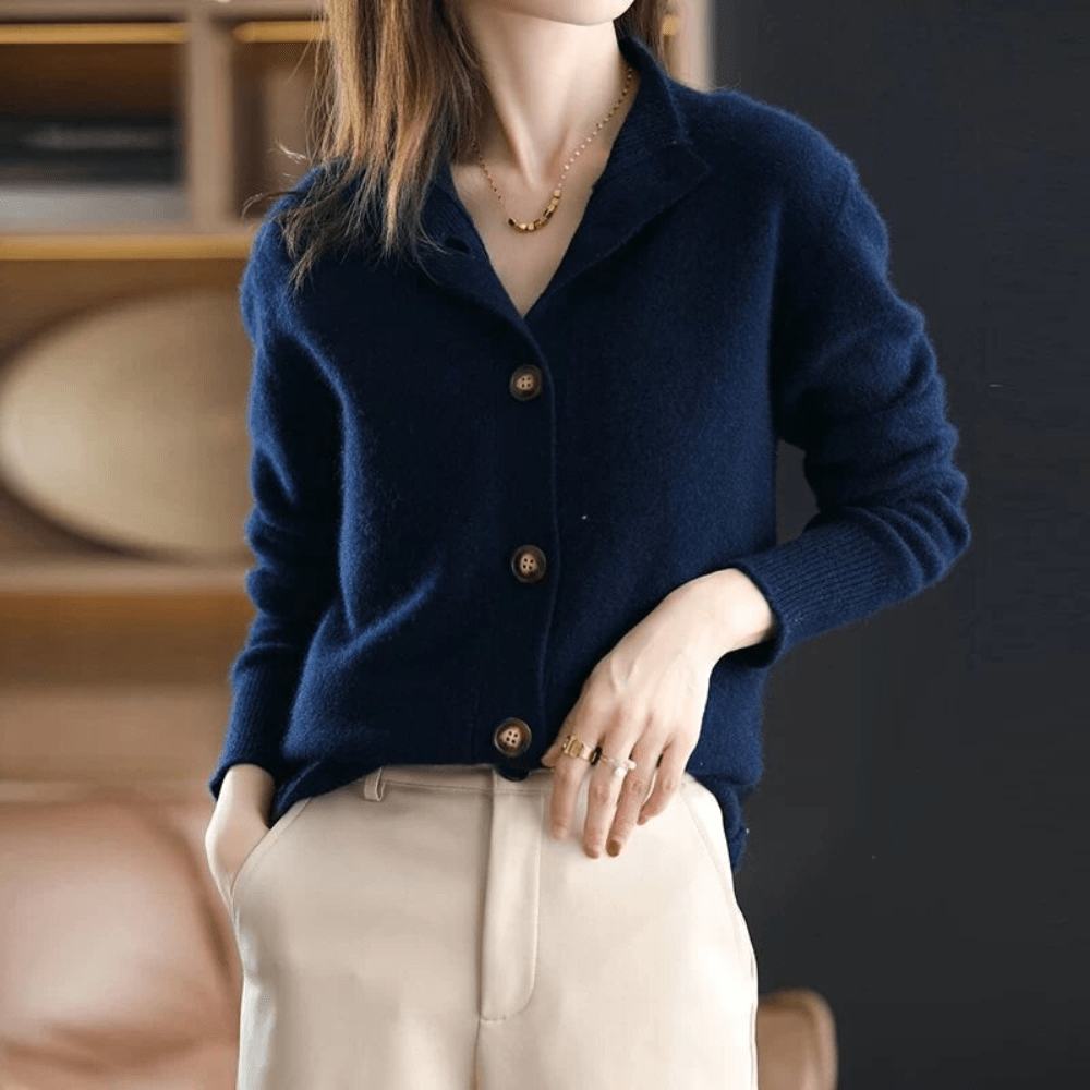 Soft touch women's cardigan sweater. Elegant and comfortable long-sleeve layering piece for fall & winter outfits.