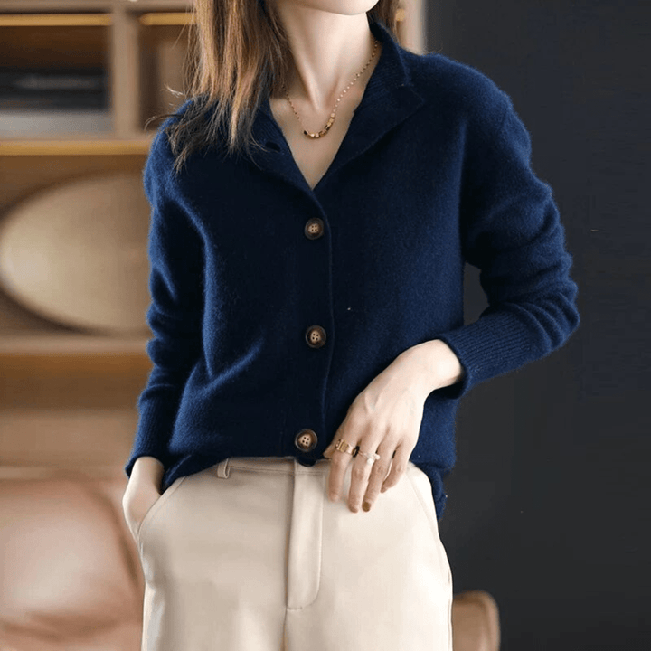Soft touch women's cardigan sweater. Elegant and comfortable long-sleeve layering piece for fall & winter outfits.