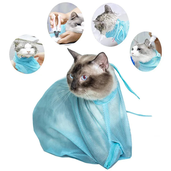 Secure mesh grooming tool for cats, simplifying nail trimming & reducing pet stress.