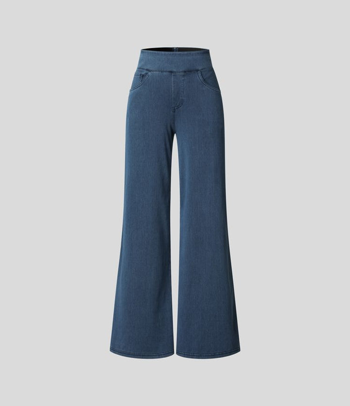 Women's dark blue wide-leg stretch trousers, high-waisted design for comfort & effortless style.