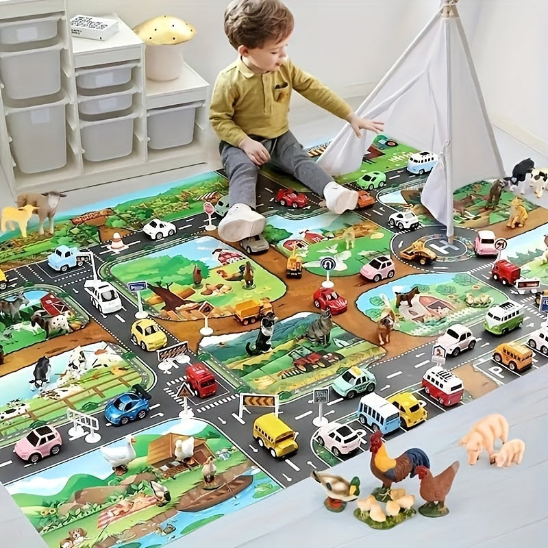 Colorful farm adventure & traffic road kids play mat. Durable, non-slip, promotes creative play & motor skills.