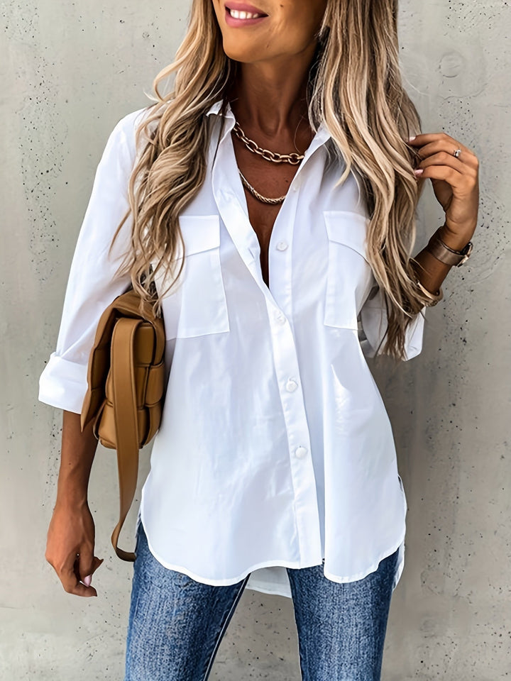 Elegant women's long sleeve lapel collar shirt. Perfect for business casual or versatile everyday style.