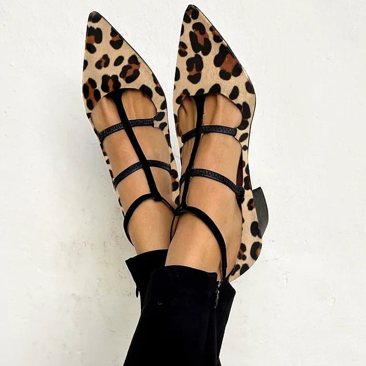 Women's elegant heeled shoes with chic leopard print strap, perfect for parties or office wear.