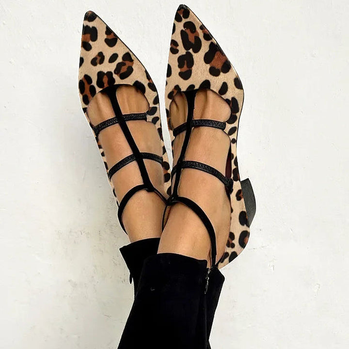 Women's elegant heeled shoes with chic leopard print strap, perfect for parties or office wear.