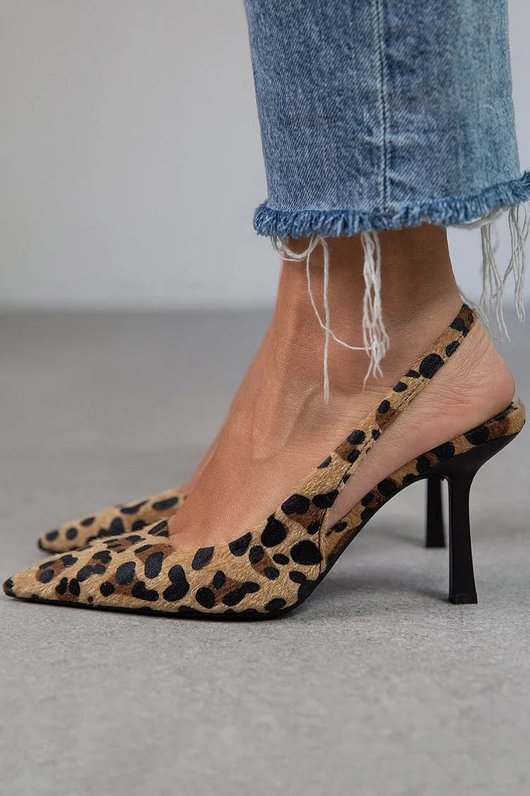 Elegant women's brown patterned slingback heels with pointed toe, high heel, perfect for formal dress shoes.