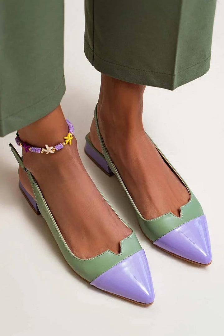Elegant women's bi-color ballet flats with pointed toe & comfortable back strap, perfect for everyday fashion.