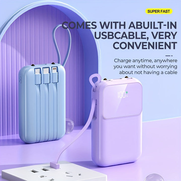 Fast charging 10000mAh portable power bank with built-in universal cables for multiple phones.
