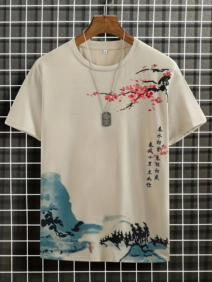 Men's graphic t-shirt, vibrant floral wave design, perfect for casual outings and versatile style.