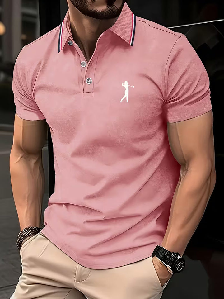 Stylish short-sleeve men's golf shirt with unique print, a versatile top for everyday and golf apparel.